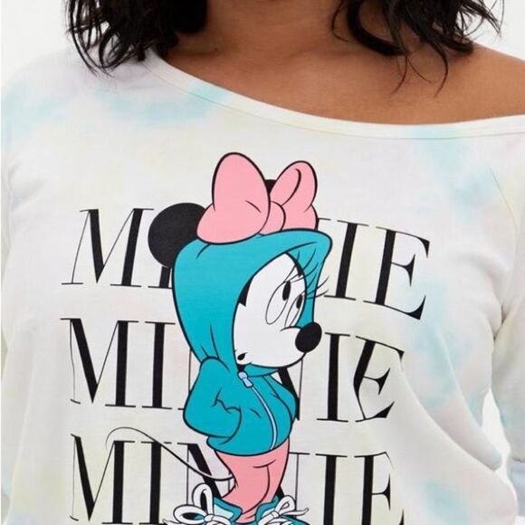 Torrid Minnie Mouse Pastel Rainbow Tie Dye Terry Off-Shoulder Sweatshirt Size 4 - Picture 3 of 10